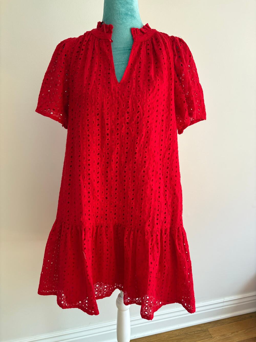 Sugarlips Red Cotton Eyelet Ruffle Mini Dress Boho Romantic Coquette Small